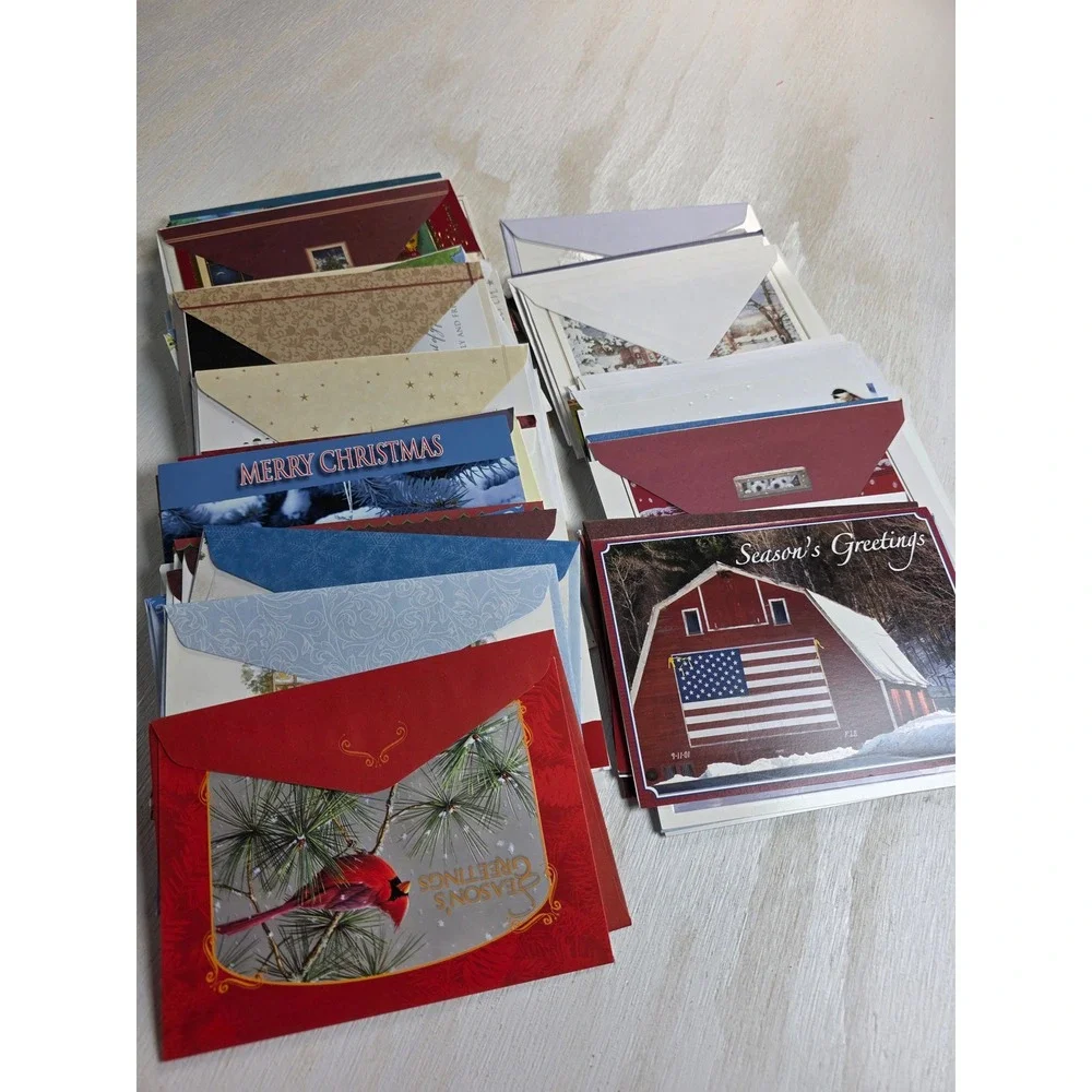 Bulk Lot Christmas Holiday Greeting Cards Assorted Winter Scenes Glitter 70+ct